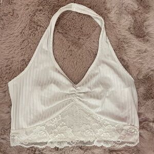 SHEIN White Lace Trim Halter Crop Top